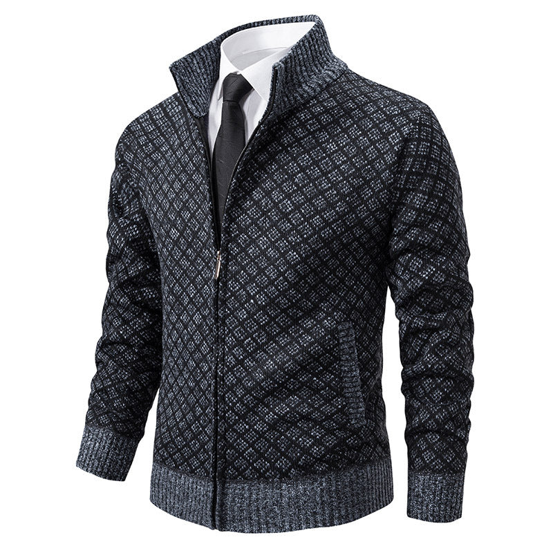Cardigan homme en maille à carreaux épais et zippé, col montant, manches longues, coupe ajustée, hiver