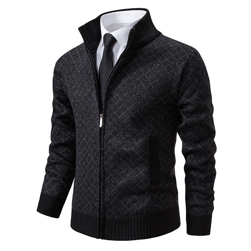 Cardigan homme en maille à carreaux épais et zippé, col montant, manches longues, coupe ajustée, hiver