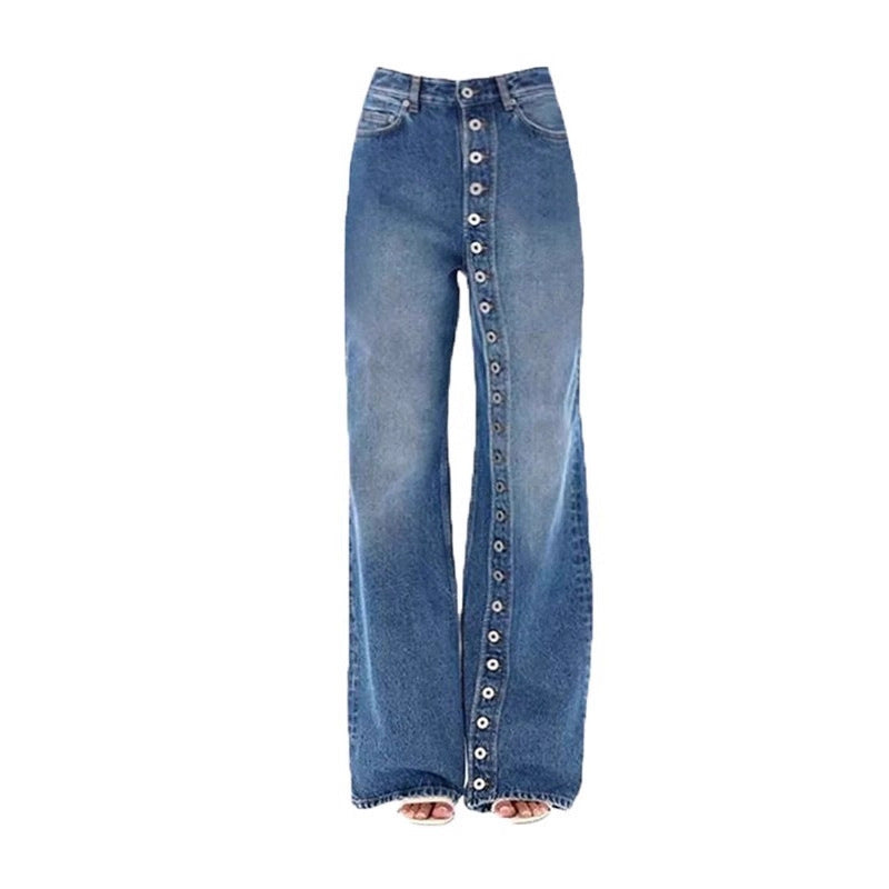 American Retro Washed Blue High-Waist Straight Denim Jeans