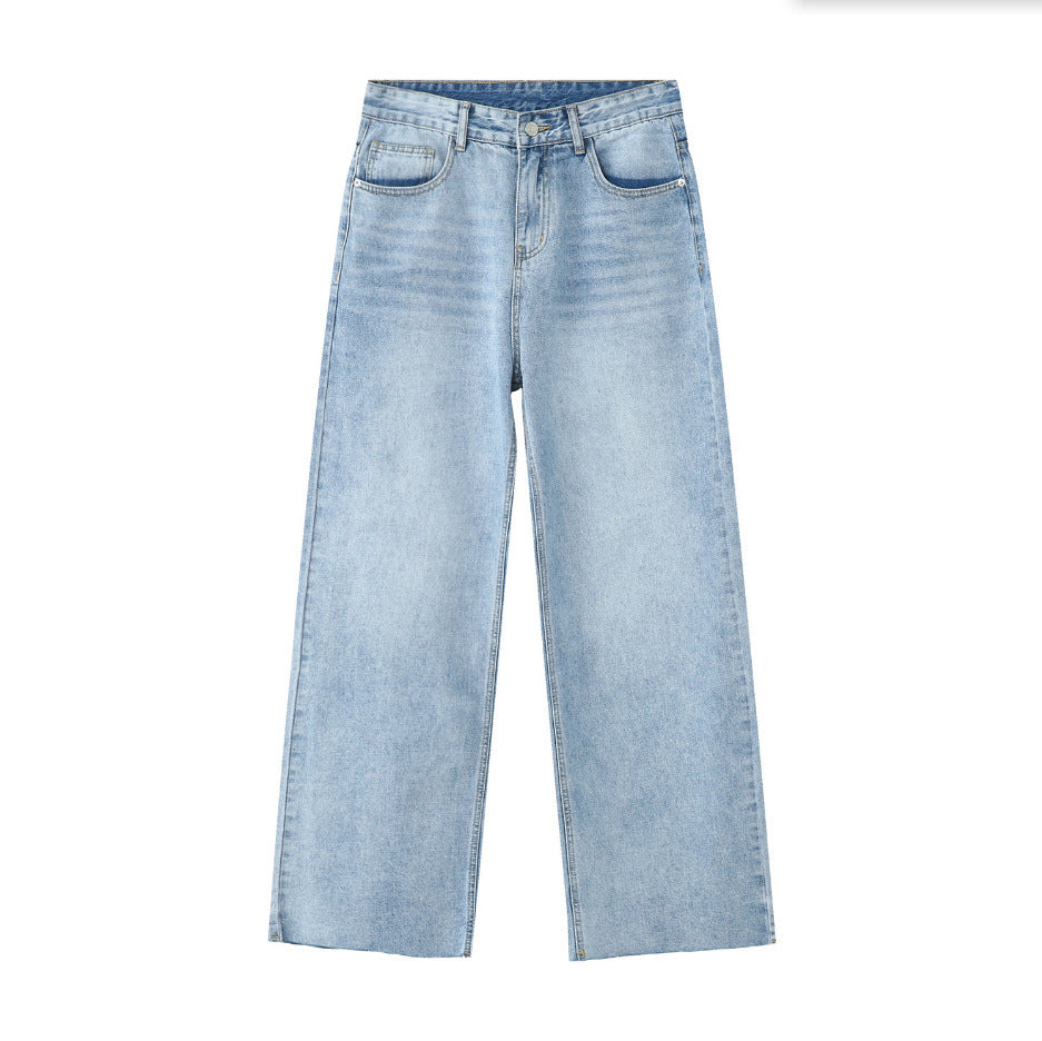 Light Blue Washed Loose Jeans with Frayed Hem