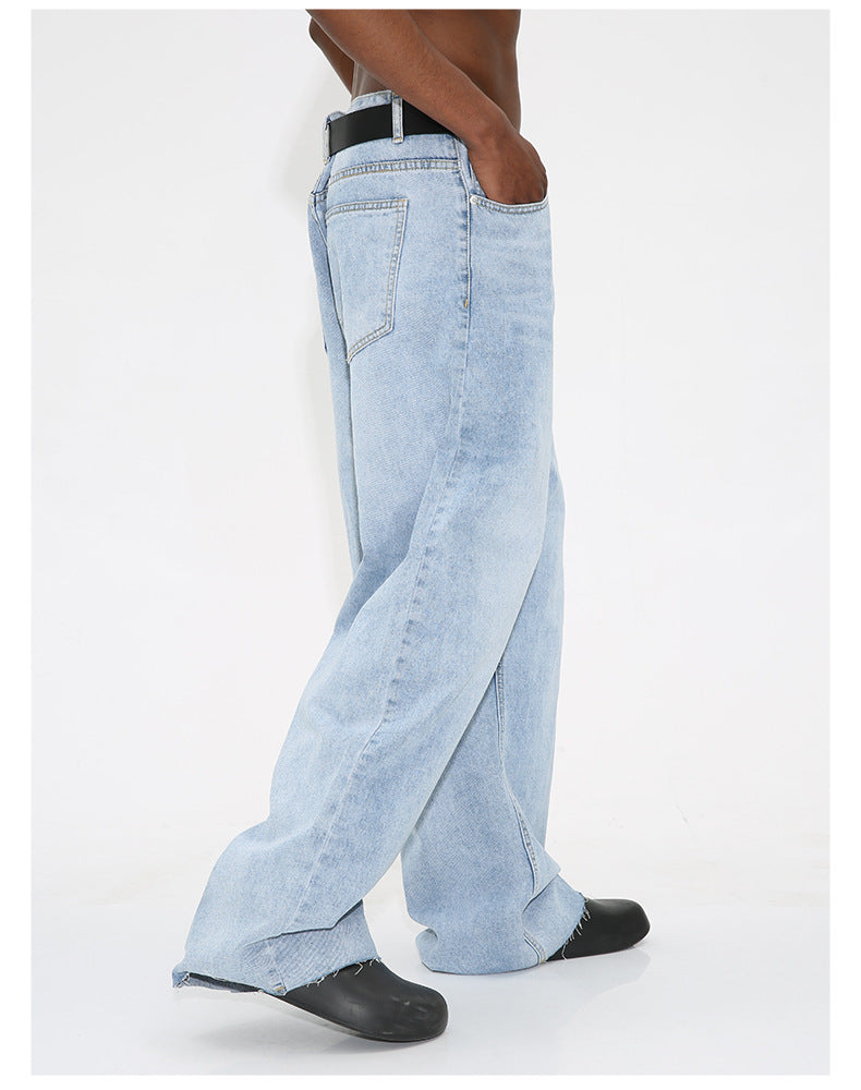 Light Blue Washed Loose Jeans with Frayed Hem