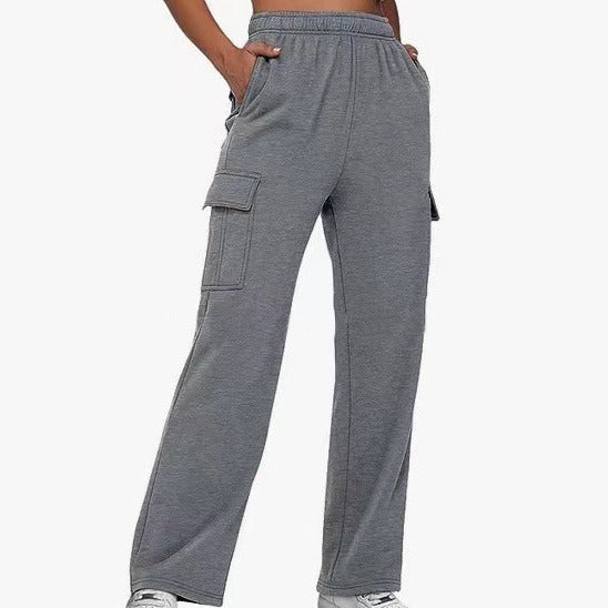 Women's High Waist Pocket Overalls Casual Pants Polyester