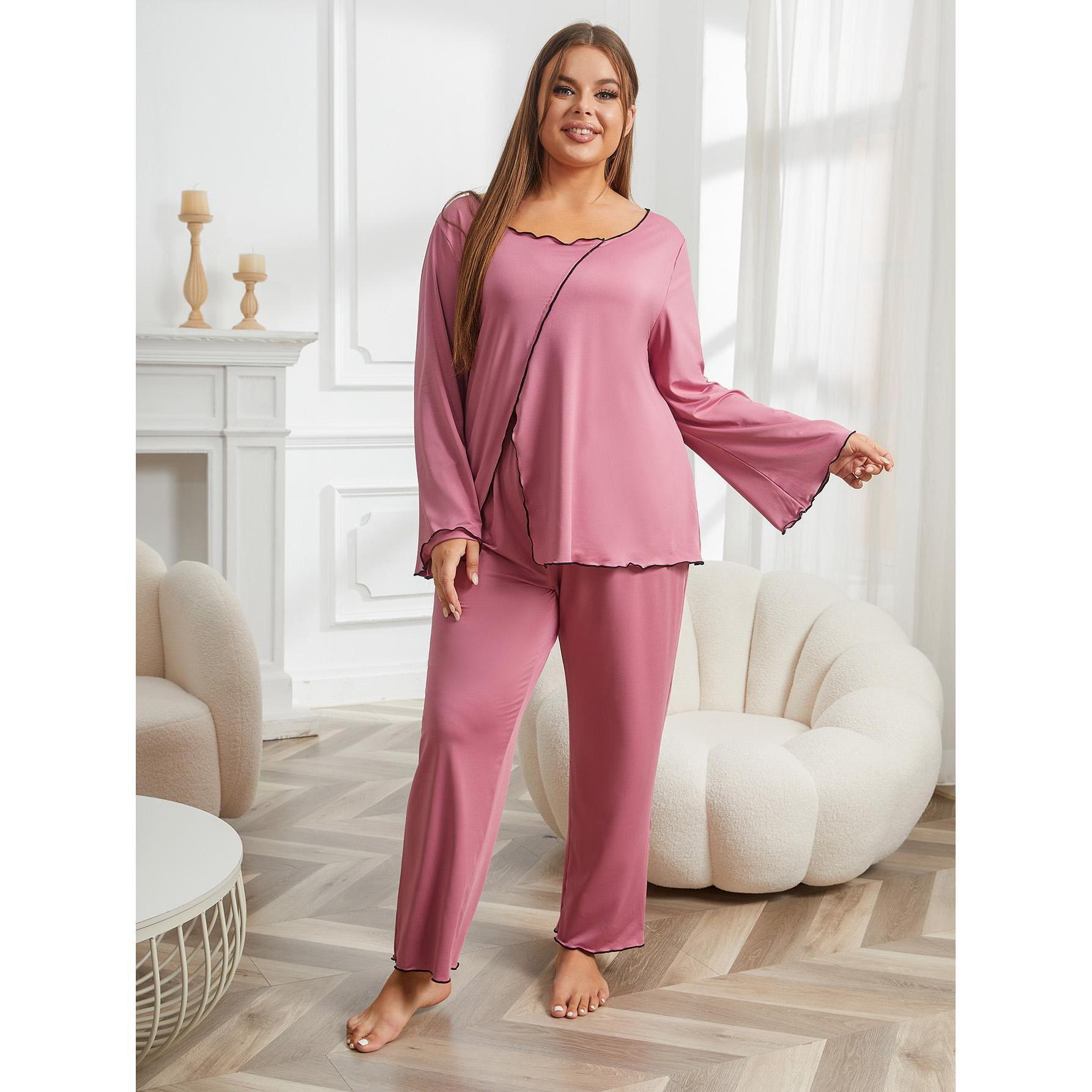 Striped Split Long Sleeve Plus Size Homewear Suit Pink Polyester