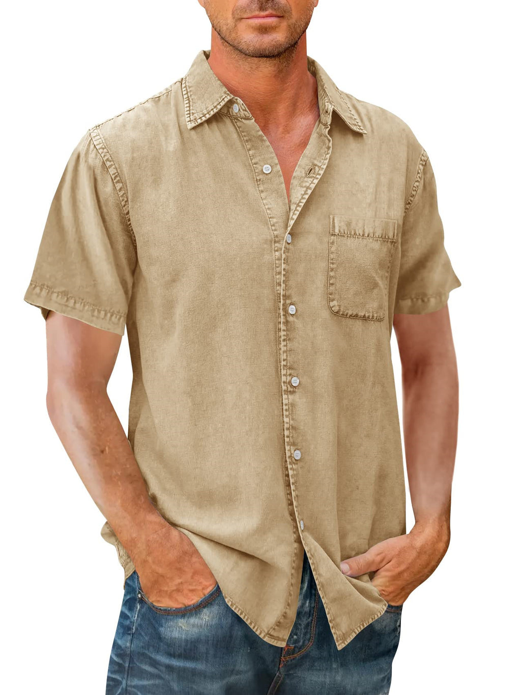 Men's Polo Collar Solid Color Pocket Shirt - Summer Short Sleeve
