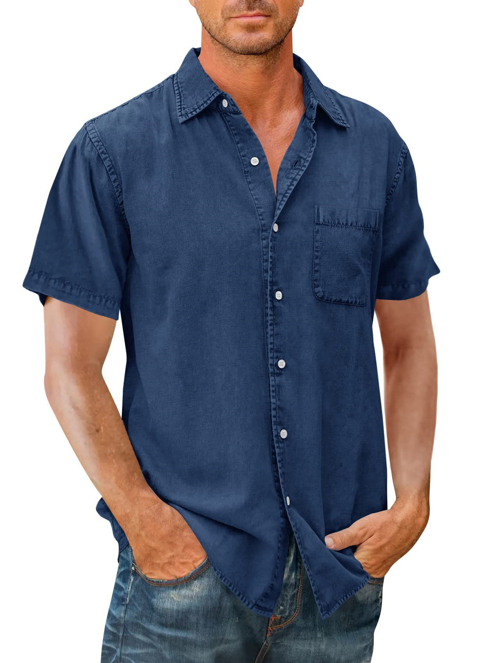 Men's Polo Collar Solid Color Pocket Shirt - Summer Short Sleeve