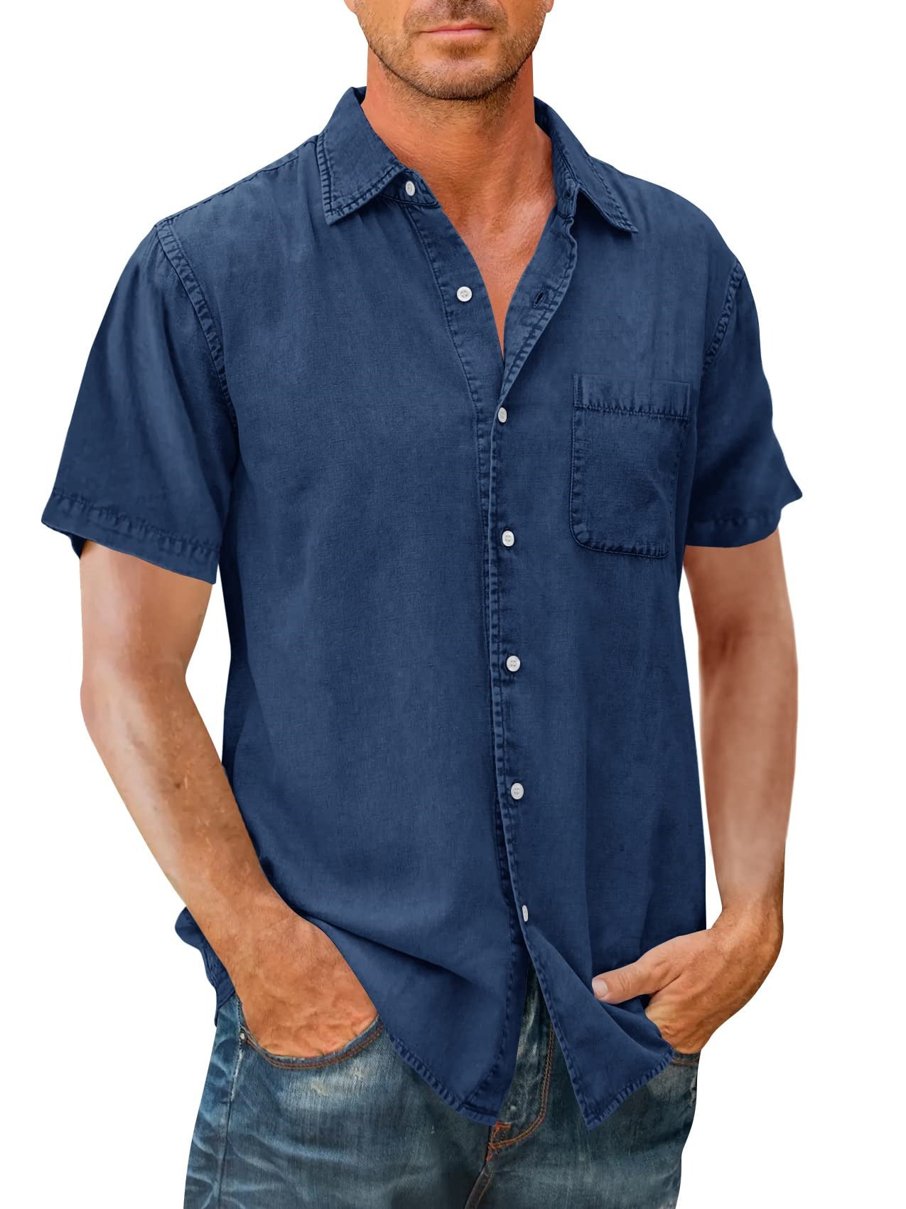 Men's Polo Collar Solid Color Pocket Shirt - Summer Short Sleeve