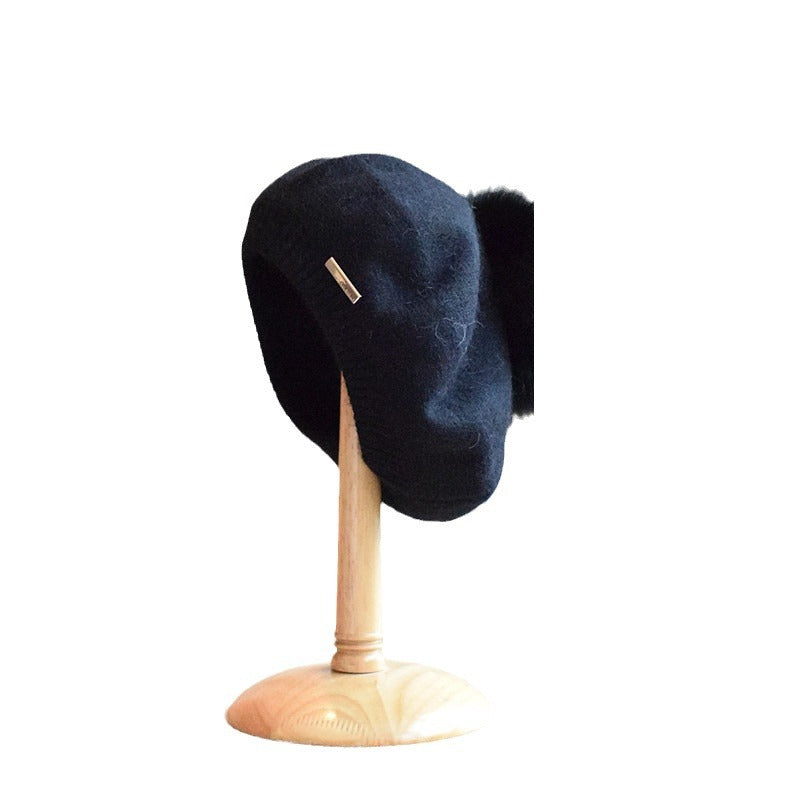 Japanese Style Rabbit Fur Beret Hat for Women, Size M, Winter Warmth, Multiple Colors