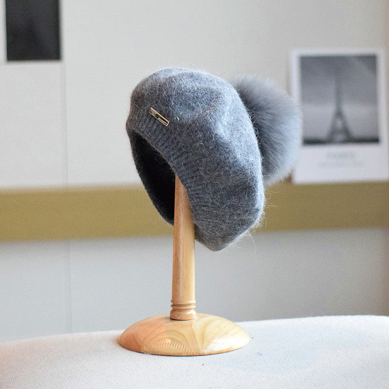 Japanese Style Rabbit Fur Beret Hat for Women, Size M, Winter Warmth, Multiple Colors