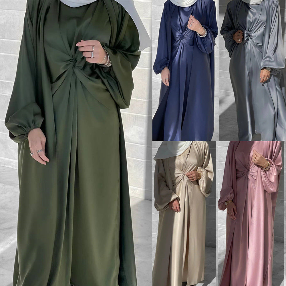 Turkey Dubai Fashion Solid Color Two-Piece Dress Cardigan Set for Middle Eastern Women