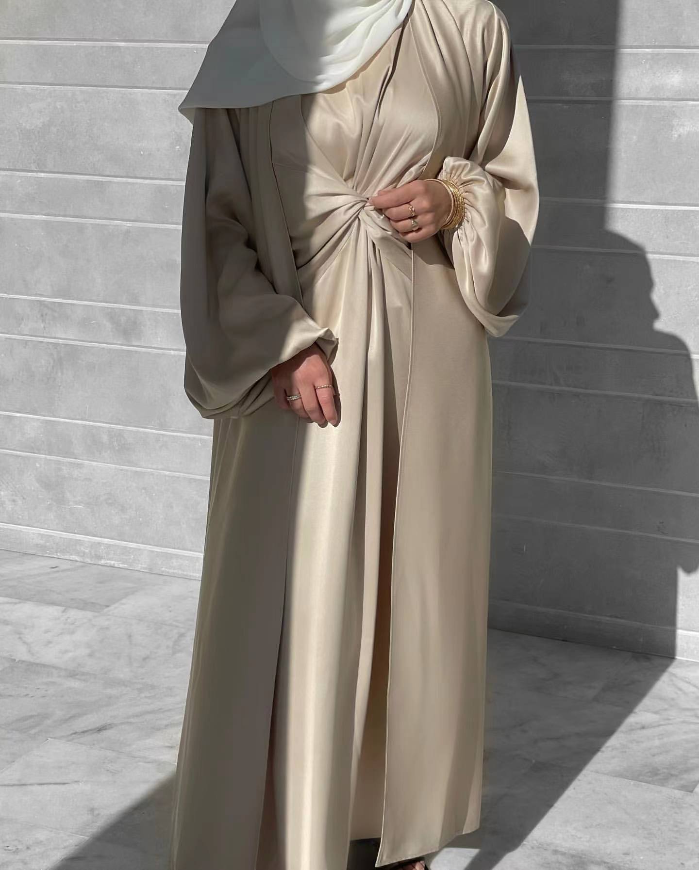 Turkey Dubai Fashion Solid Color Two-Piece Dress Cardigan Set for Middle Eastern Women