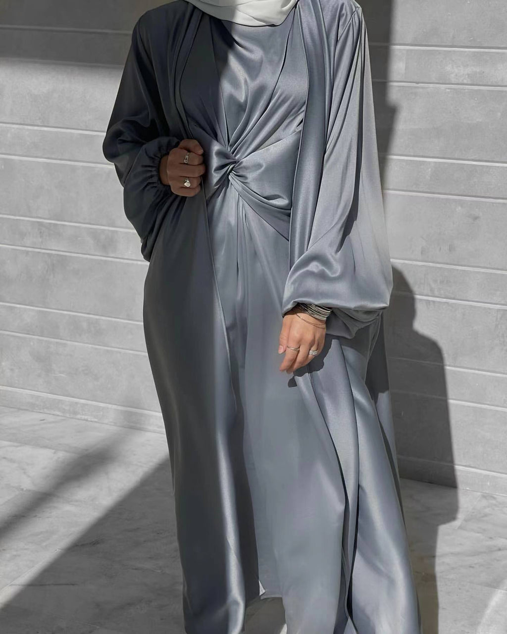 Turkey Dubai Fashion Solid Color Two-Piece Dress Cardigan Set for Middle Eastern Women
