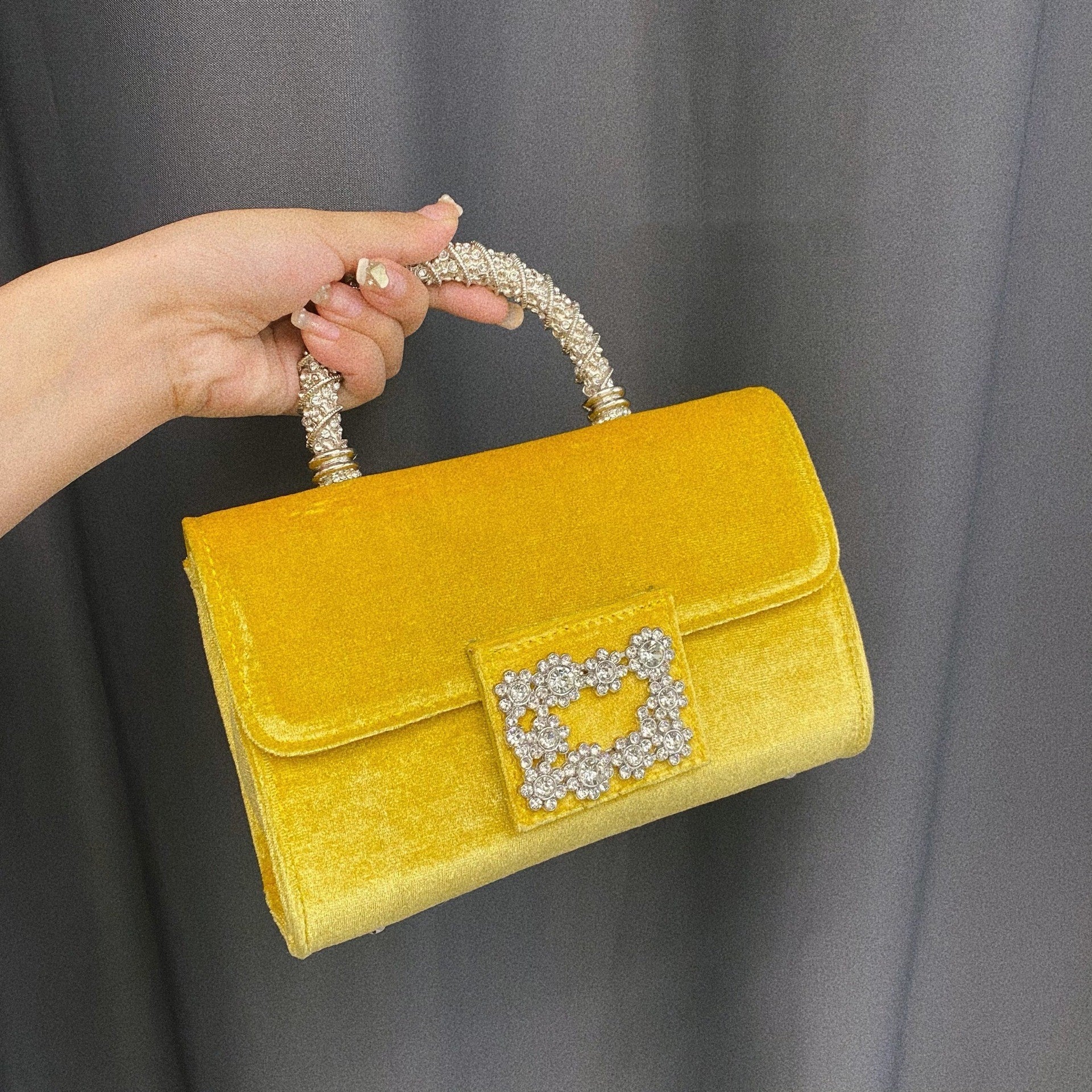 French Retro Velvet Rhinestone Flower Small Square Bag