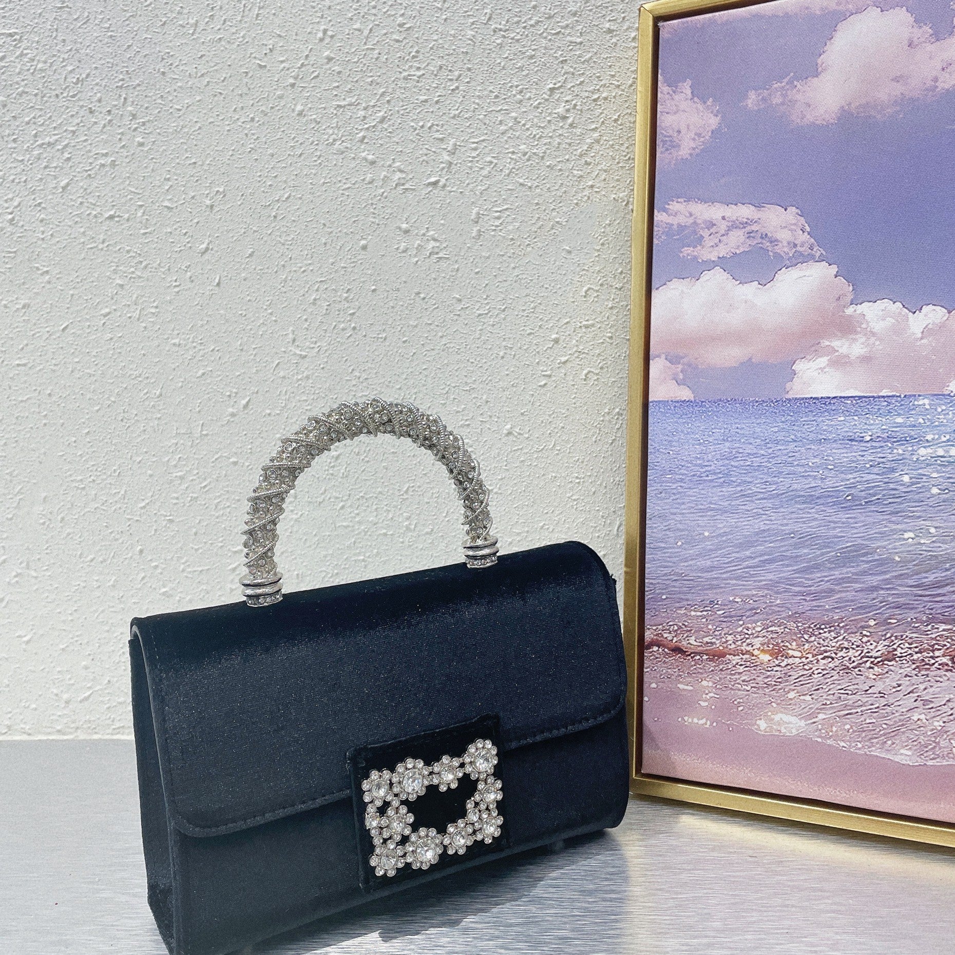 French Retro Velvet Rhinestone Flower Small Square Bag