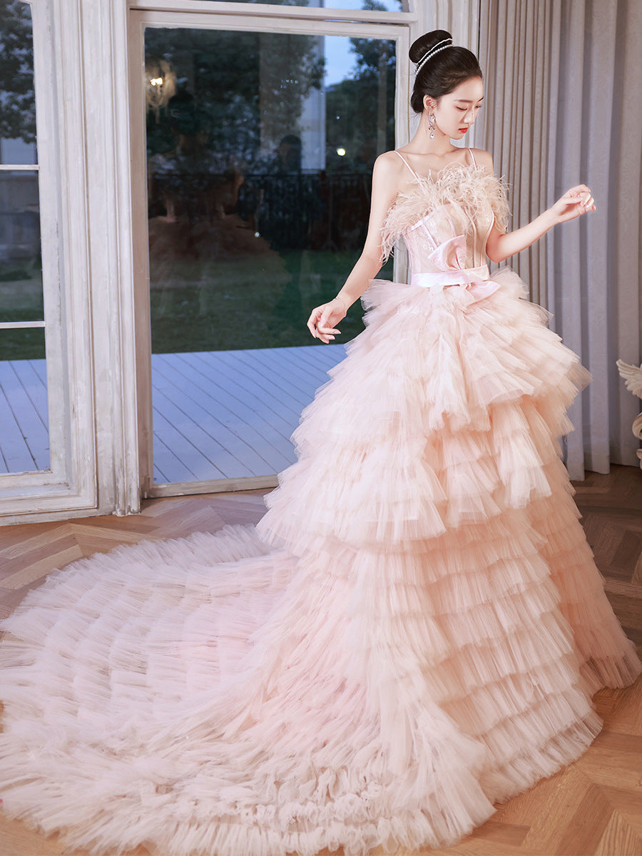 Pink Sling Light Princess Style Wedding Cake Dress Spandex Sleeveless