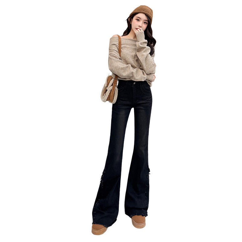 Fringed High Waist Skinny Jeans for Women Spring Retro Denim