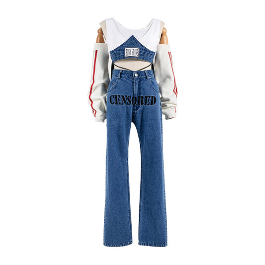 High-rise monogram embroidery jeans