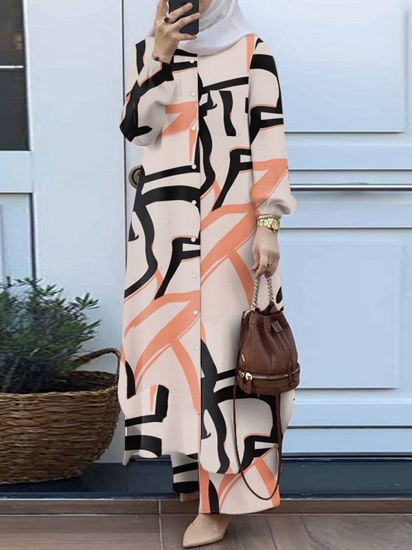 Ensemble musulman deux pièces : Chemise longue rétro et pantalon large