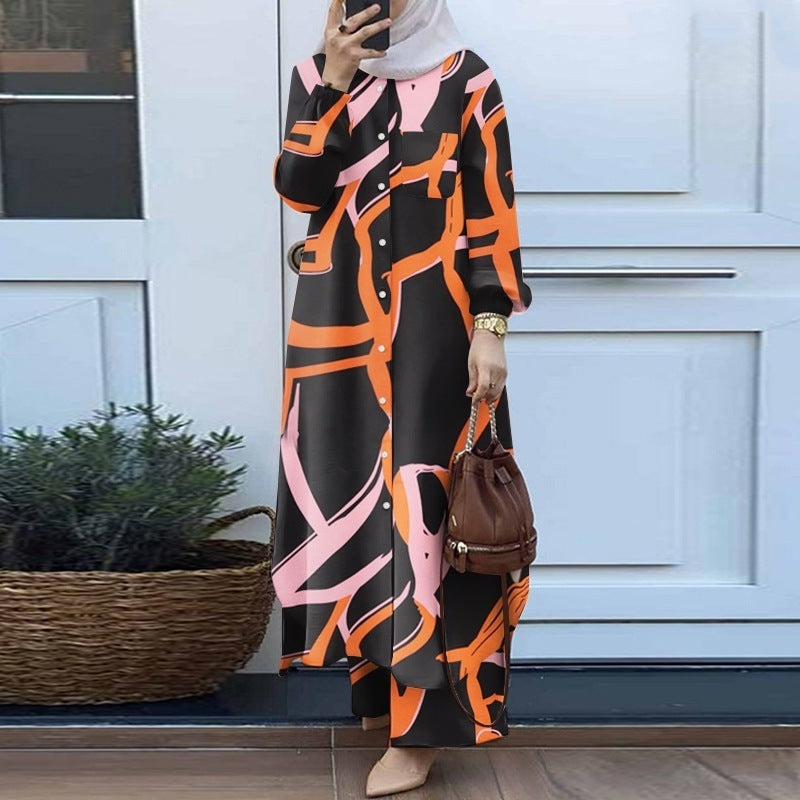 Ensemble musulman deux pièces : Chemise longue rétro et pantalon large
