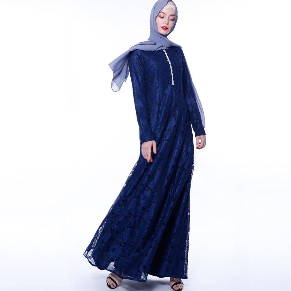 Arab Women's Summer Lace Muslim Dress Long Sleeve A-Line
