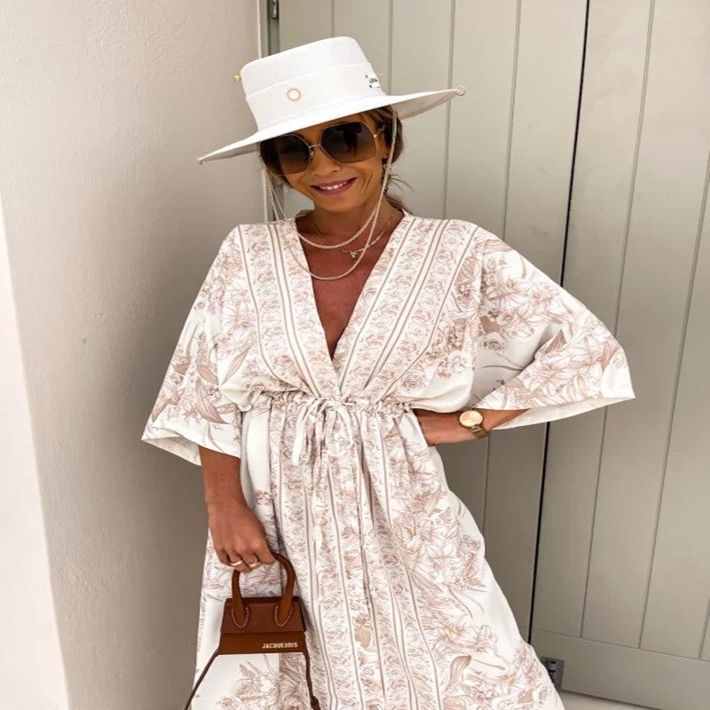 Spring Summer V-Neck Short Sleeve Printed Long Swing Skirt