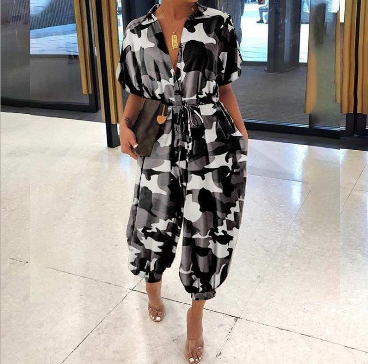 Short Sleeve Buttoned High-Waist Jumpsuit with Belt