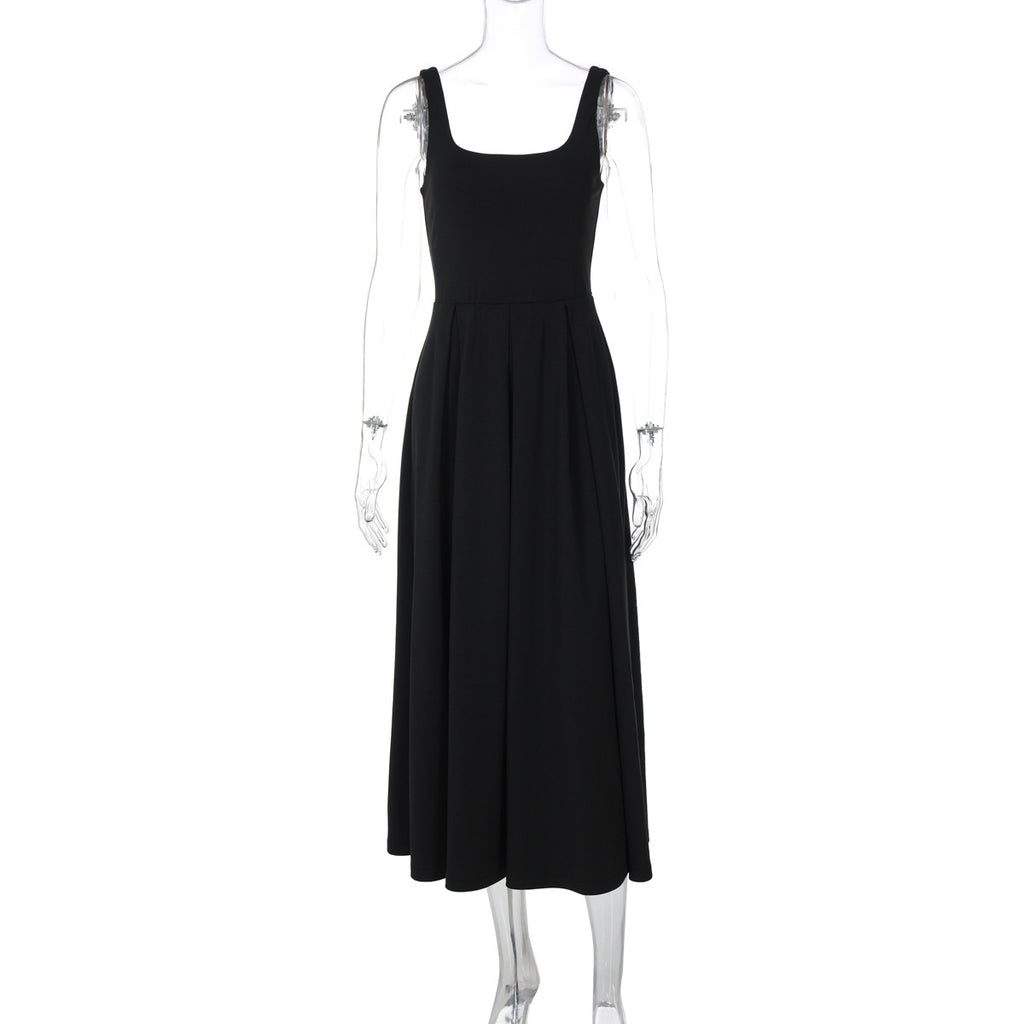 Square Collar Sleeveless High Waist Pleated Long Dress