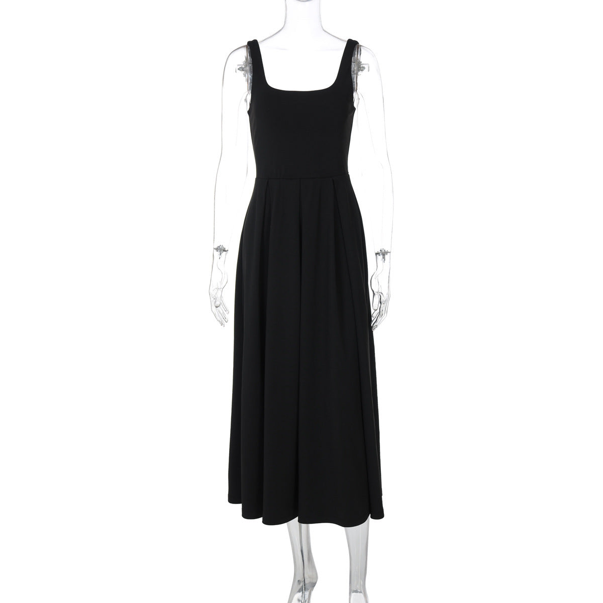 Square Collar Sleeveless High Waist Pleated Long Dress