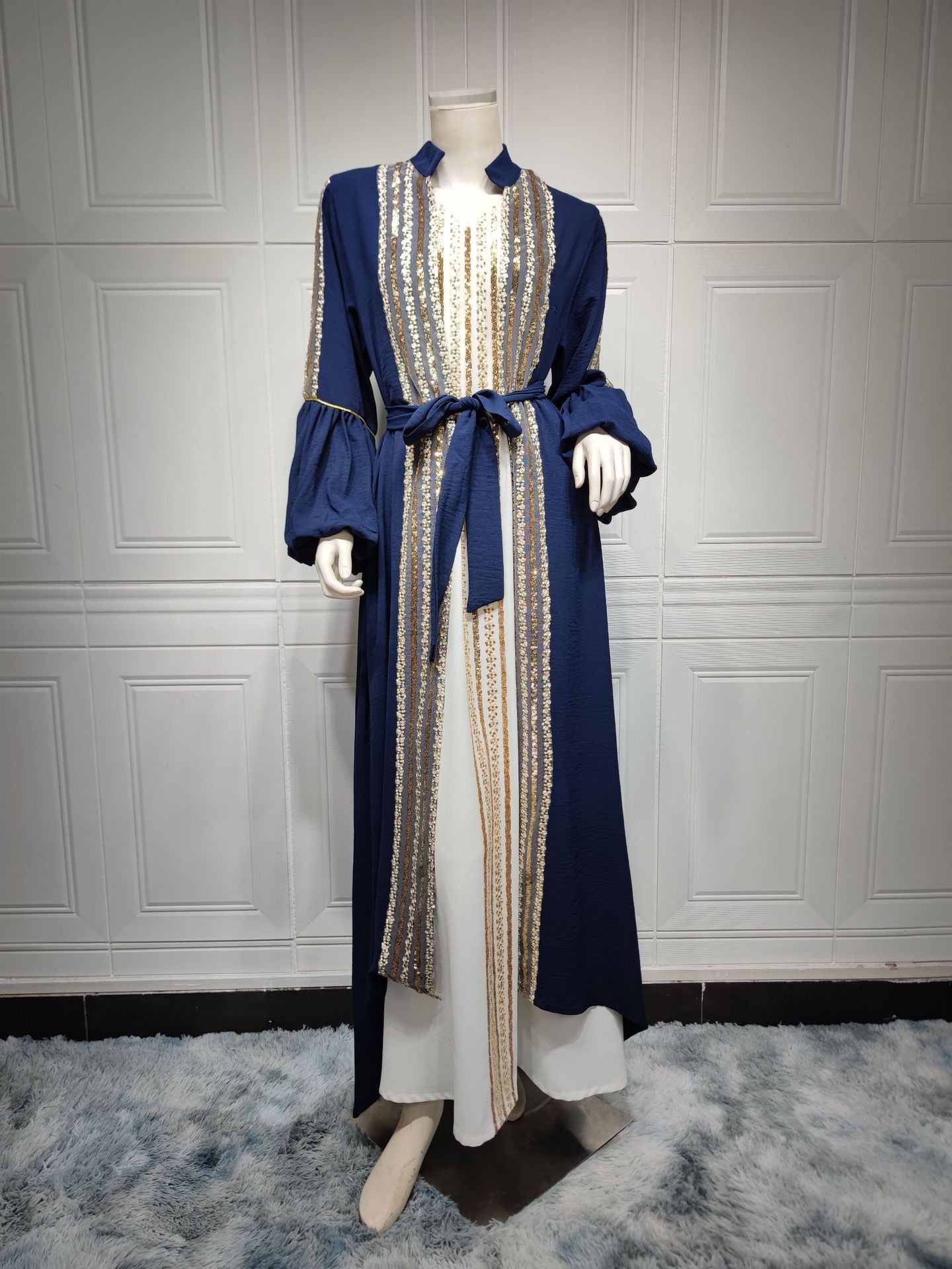 Sequin Embroidered Two-Piece Puff Sleeve Arabian Gulf Dress in Ice Silk
