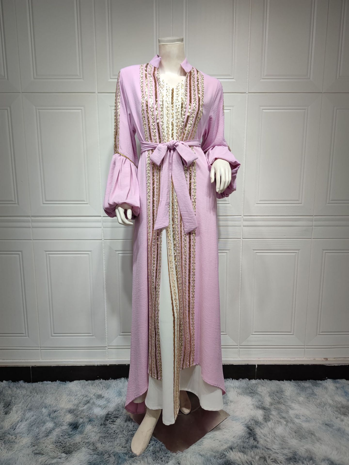 Sequin Embroidered Two-Piece Puff Sleeve Arabian Gulf Dress in Ice Silk