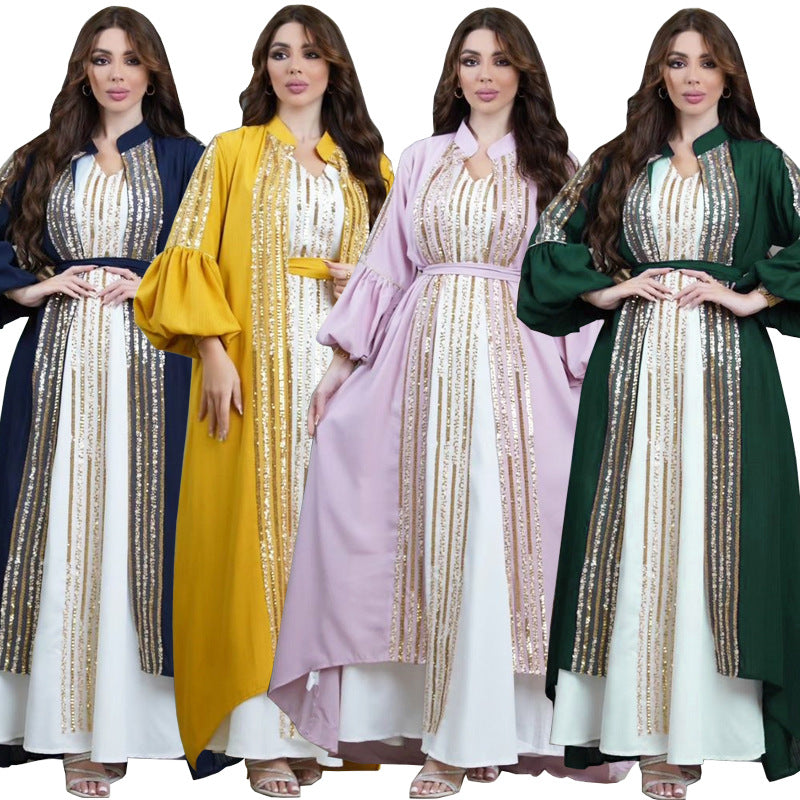 Sequin Embroidered Two-Piece Puff Sleeve Arabian Gulf Dress in Ice Silk