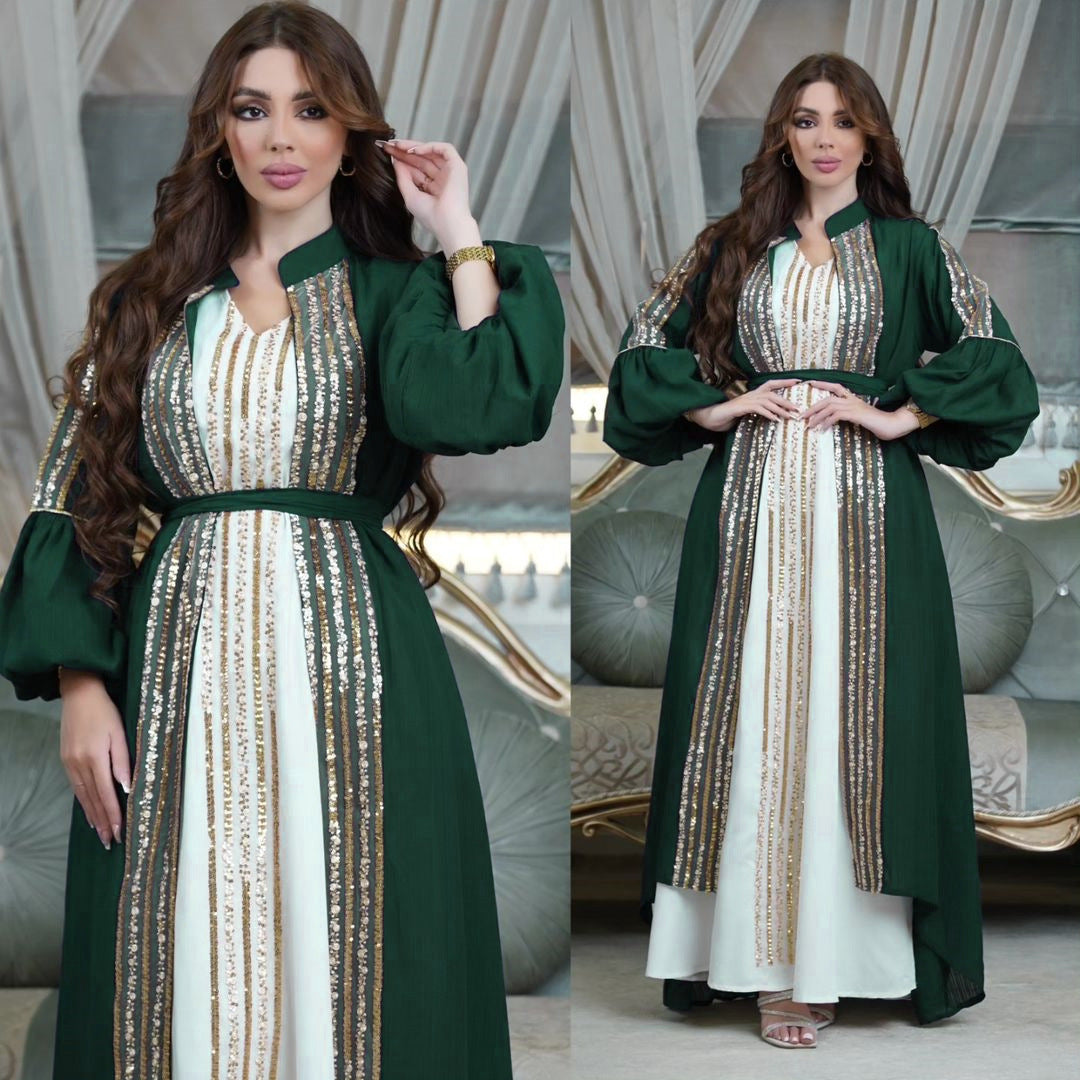 Sequin Embroidered Two-Piece Puff Sleeve Arabian Gulf Dress in Ice Silk