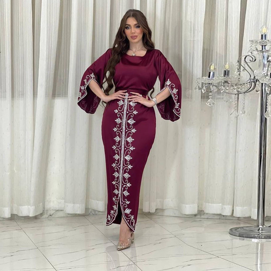 Robe de soirée arabe de Dubaï, style diamant, en satin doux