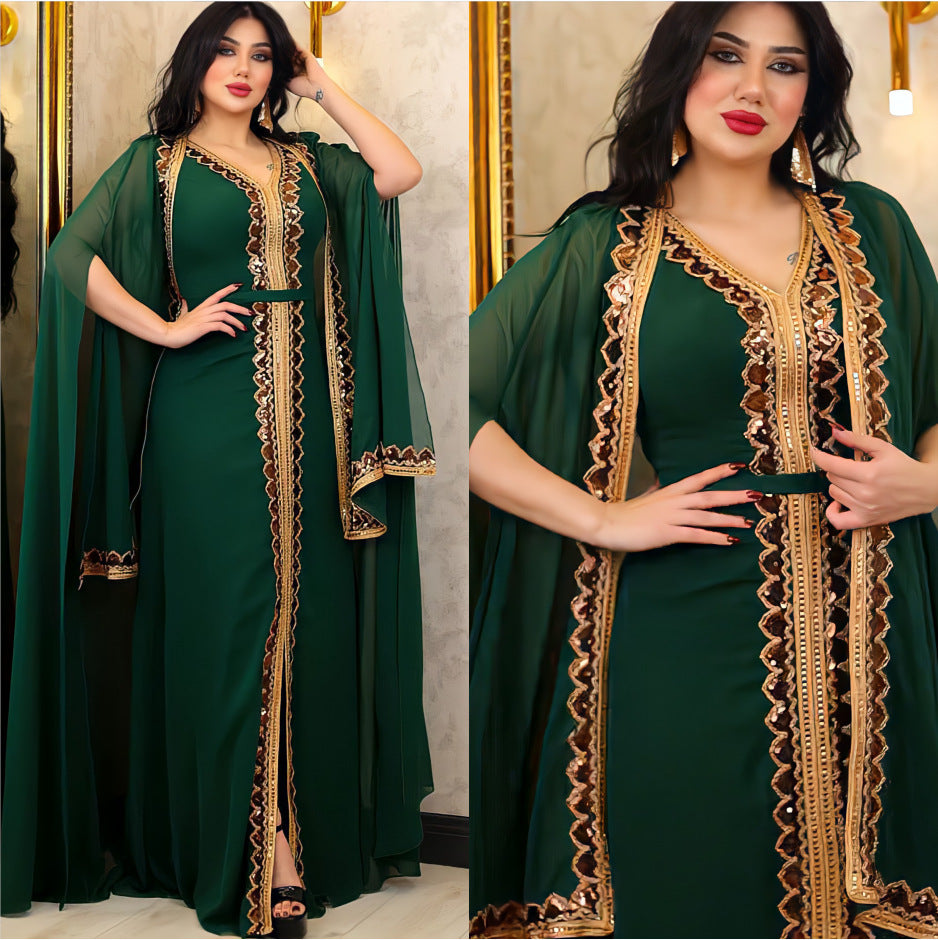 Robe de soirée à cape à sequins pour femmes musulmanes du Moyen-Orient