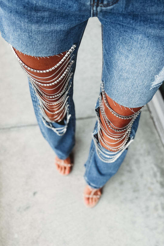 Big Ripped Jeans Women's Chain Ornaments Straight-leg Pants