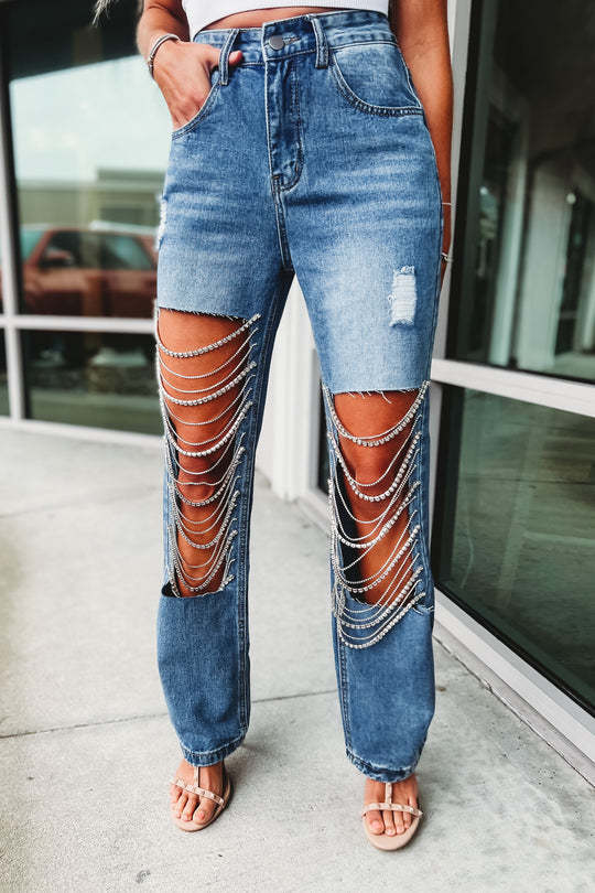 Big Ripped Jeans Women's Chain Ornaments Straight-leg Pants
