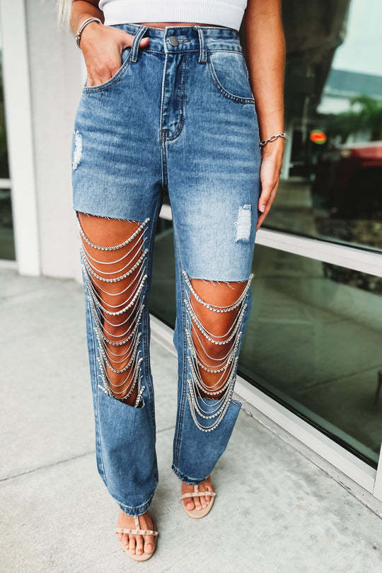 Big Ripped Jeans Women's Chain Ornaments Straight-leg Pants