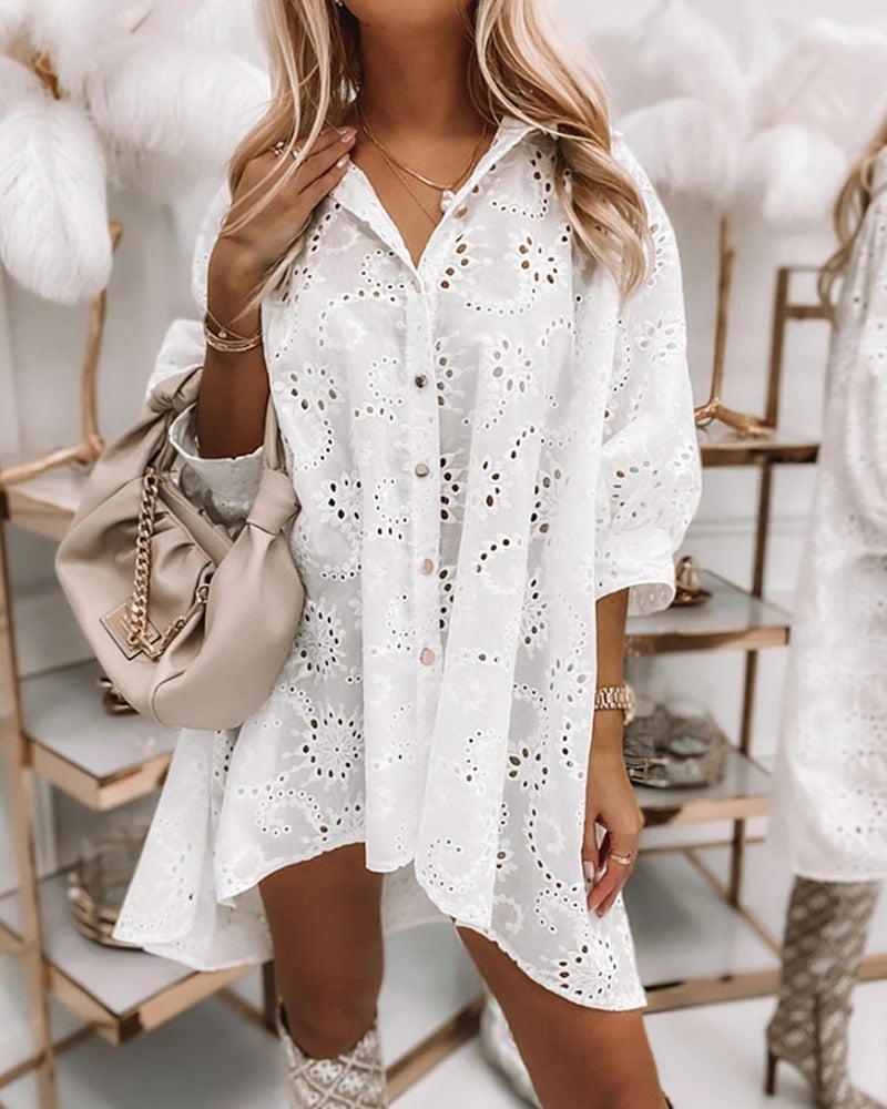 Women's Loose White Hollow Single-Breasted Long Shirt Dress