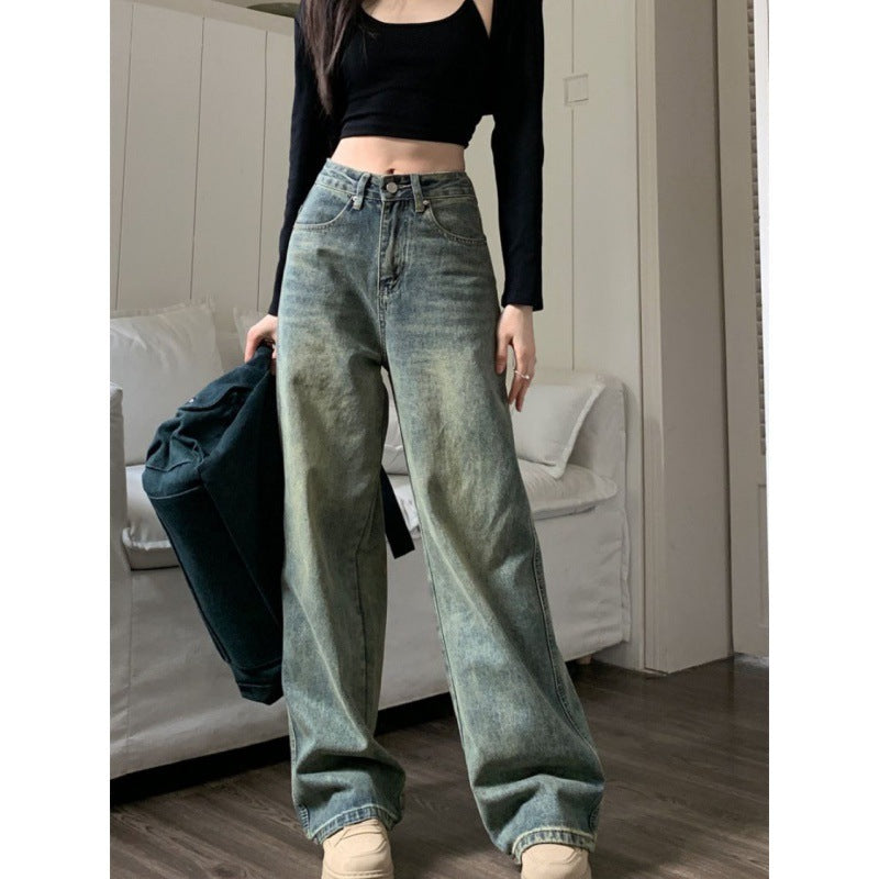 Retro Blue Washed-Out Wide Leg Denim Pants for Women - Loose, Figure Flattering, Distressed Style
