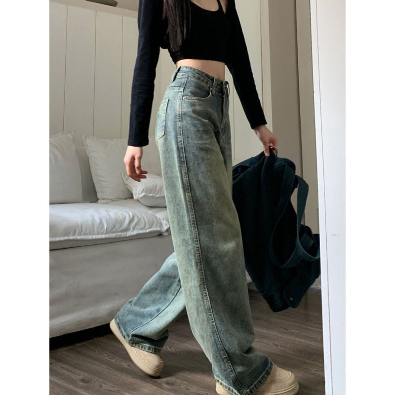 Retro Blue Washed-Out Wide Leg Denim Pants for Women - Loose, Figure Flattering, Distressed Style