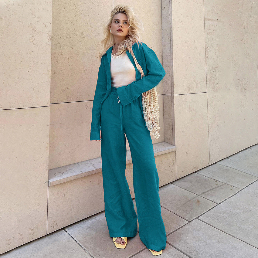 Women's Fashionable All-match Casual Long-sleeved Shirt And Trousers Two-piece Set