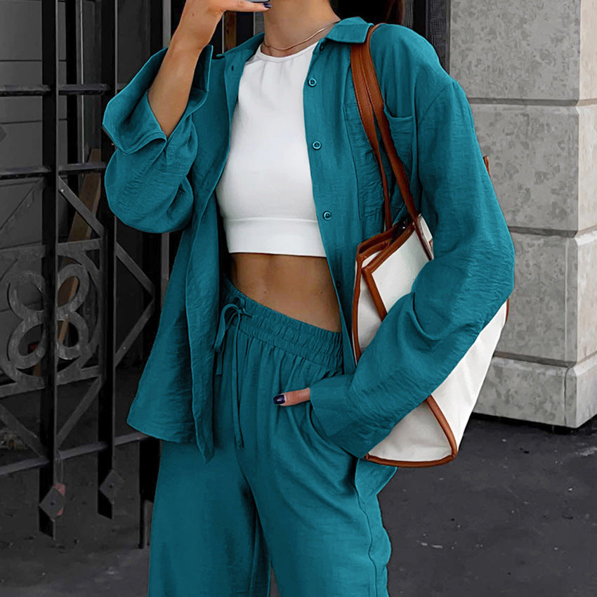 Women's Fashionable All-match Casual Long-sleeved Shirt And Trousers Two-piece Set