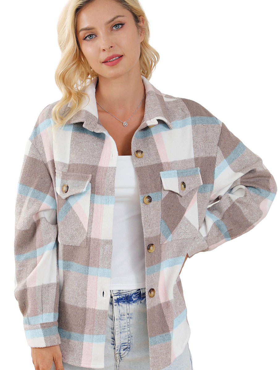 Manteau décontracté à carreaux pour femme à manches longues et col rabattu pour l'automne
