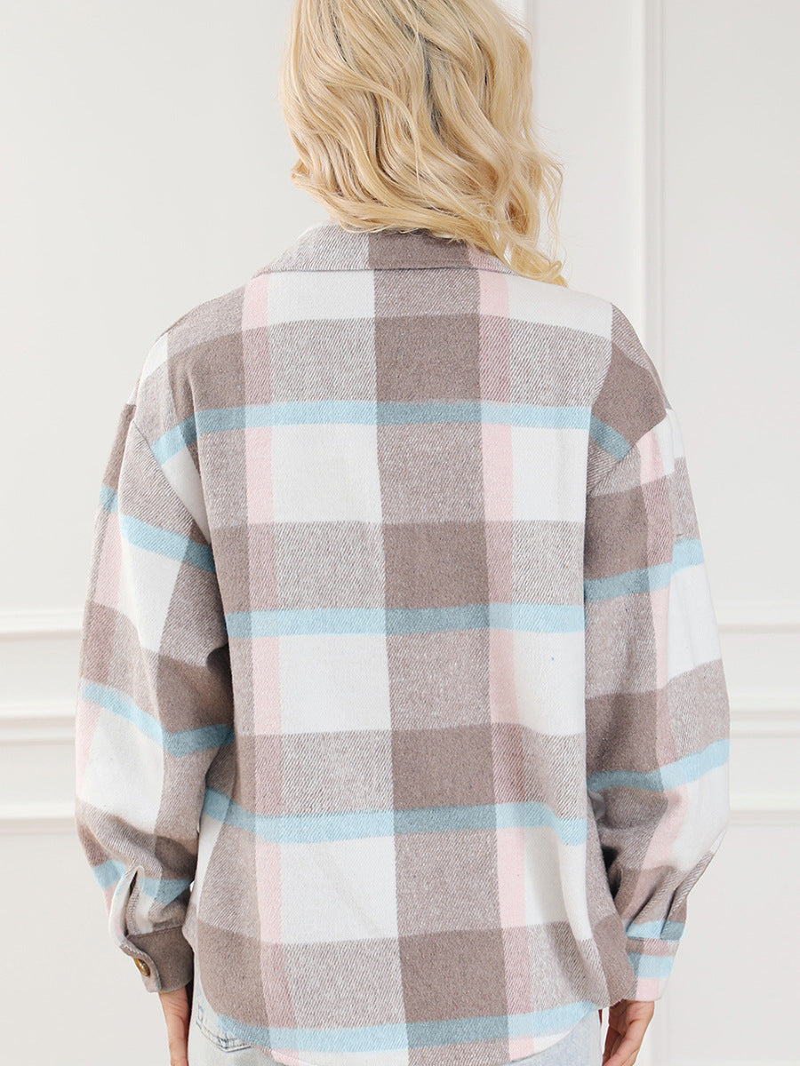 Manteau décontracté à carreaux pour femme à manches longues et col rabattu pour l'automne