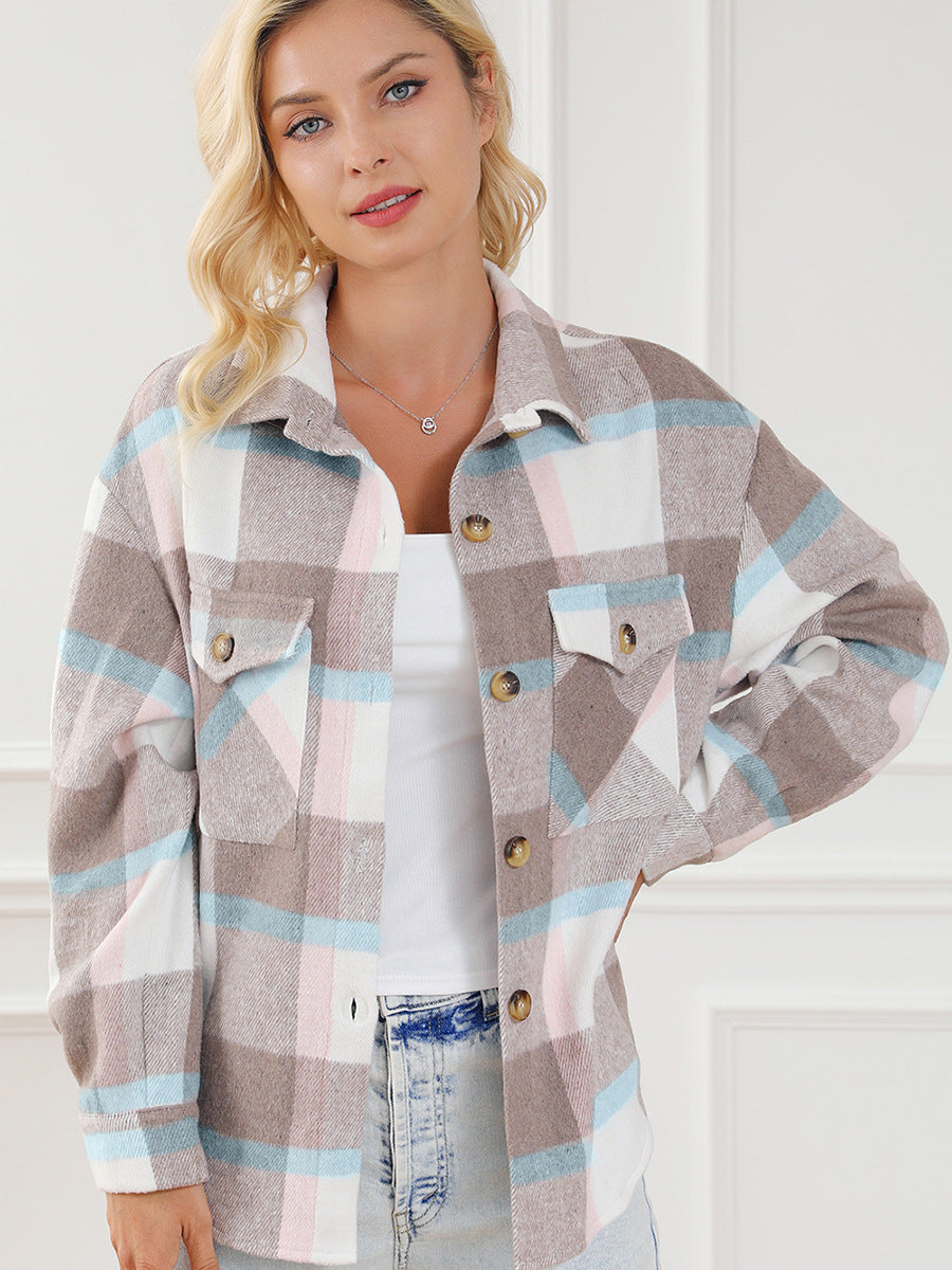 Manteau décontracté à carreaux pour femme à manches longues et col rabattu pour l'automne