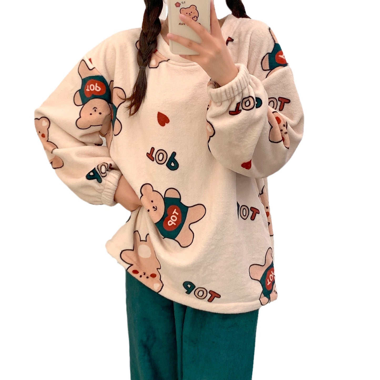 Cute Cartoon Flannel Warm Student Crew Neck Homewear Pajama Set