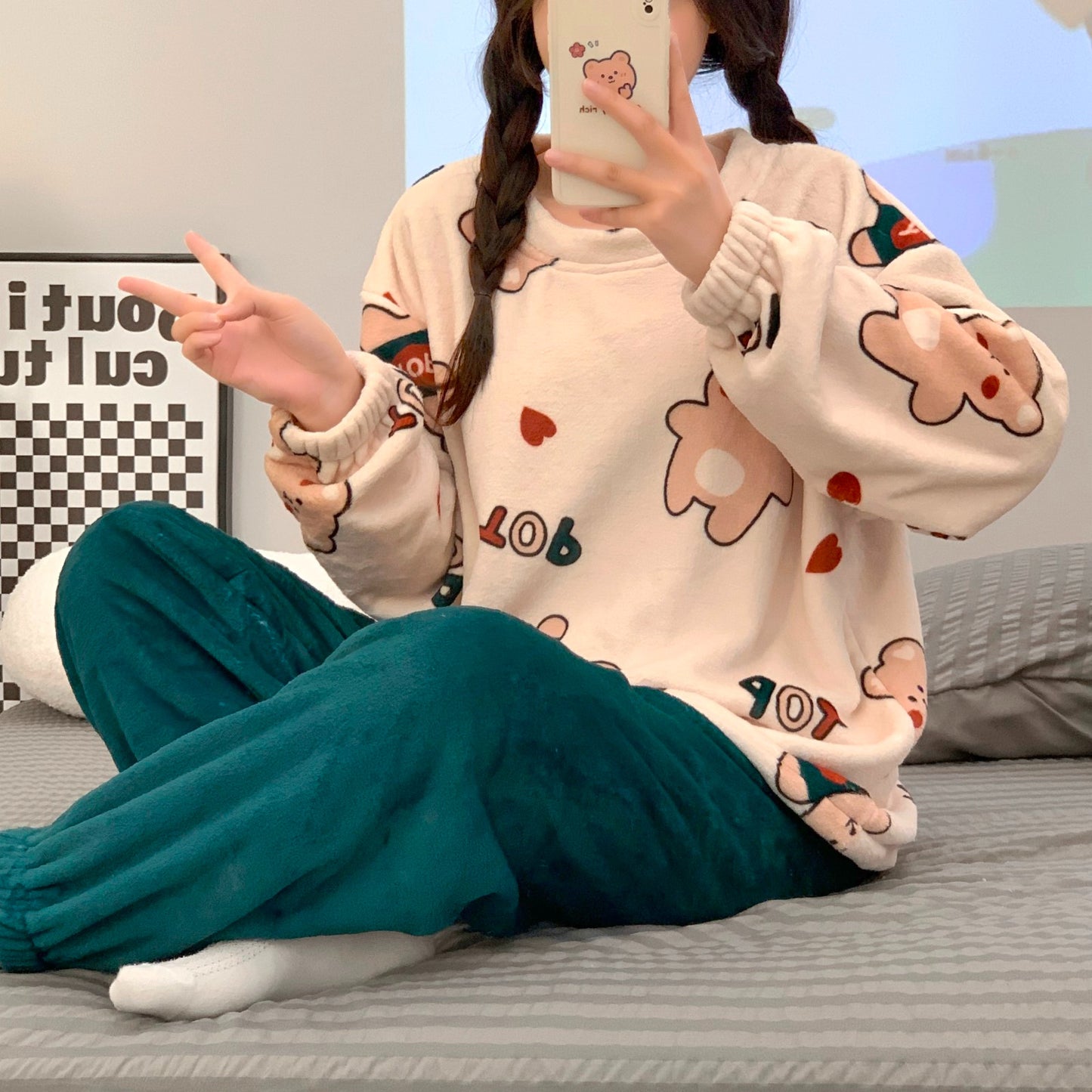 Cute Cartoon Flannel Warm Student Crew Neck Homewear Pajama Set
