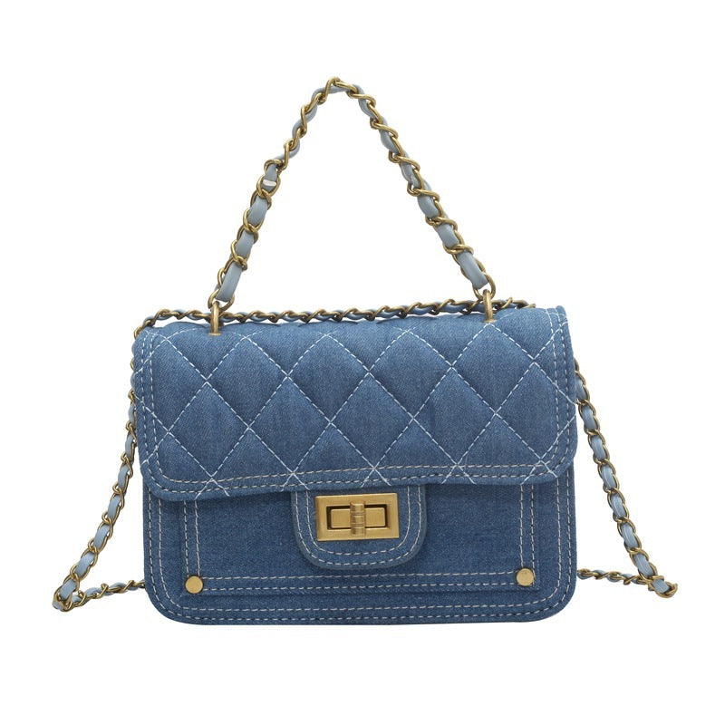 Casual Denim Medium-Hardness Lock Crossbody Bag in Black & Blue