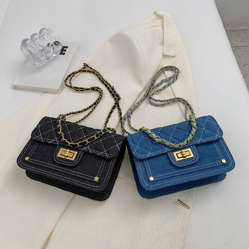 Casual Denim Medium-Hardness Lock Crossbody Bag in Black & Blue