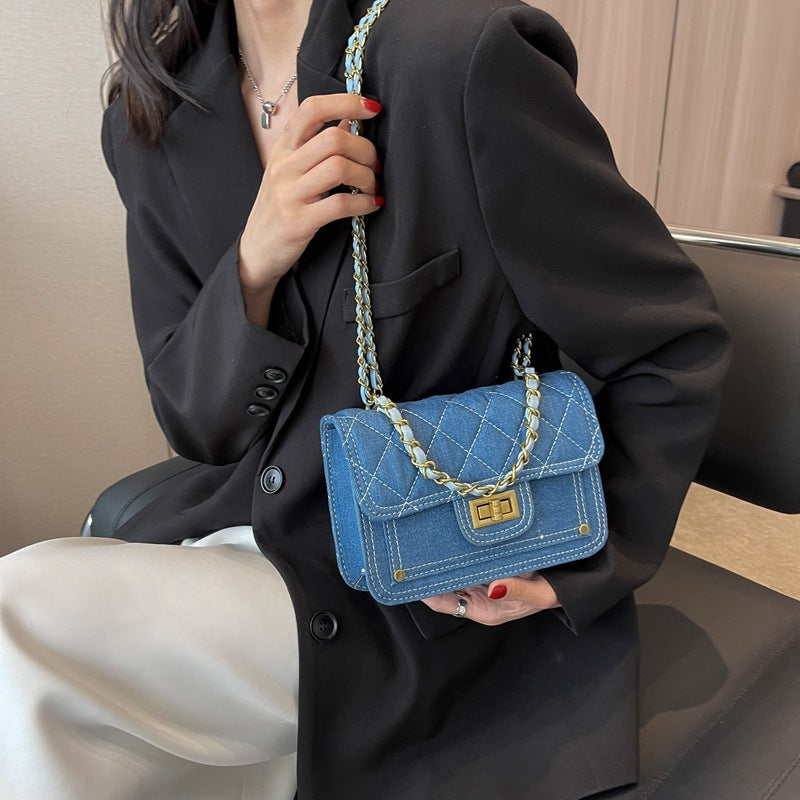 Casual Denim Medium-Hardness Lock Crossbody Bag in Black & Blue