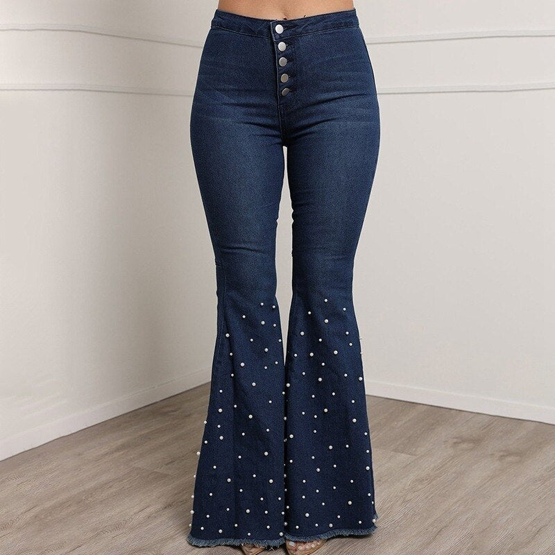 Pantalon patte d'éléphant en jean brodé de perles, mélange de coton